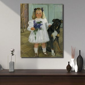 1907 Kustodiev Portrait - Irina & Shumka Dog, Canvas Painting Reproduction, Home Decor Poster, Vintage Russian Art, Canvas Wall Art Print