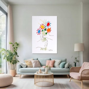 Picasso Leinwand Wandkunst Blumenstrauß Friedensblumen Ausstellung Vintage Linie Kunst Poster Ideales Wohnkultur oder Geschenkdruck Minimalistische Linie Zeichnung