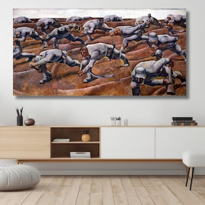 May include: A large, rectangular painting depicts numerous figures in gray uniforms and helmets, laboring in a brown field. The figures are bent over, some holding tools, suggesting a scene of manual labor or struggle. The artwork has a somber, realistic style.