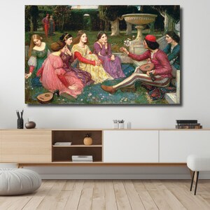 May include: A framed print of a Renaissance-style painting showing a group of people in a garden. The artwork features figures in colourful attire, with a man playing a lute. The scene is set near a fountain.