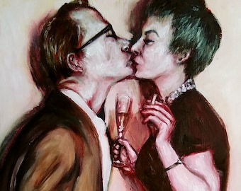 Kiss, Original Painting, Oil Painting on panel, 8.5" x 11", unframed, Love, Champagne, Kissing