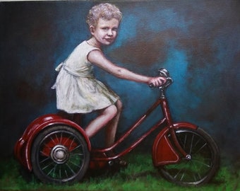 The Red Tricycle, Original Painting, Child, Toy, Bike, Girl, Portrait, Bicycle, Childhood, Surrealism, Play, Red, Green, Blue,