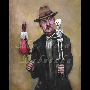May include: A man in a brown fedora and black coat holds two puppets. One puppet is a red devil with a white fur collar and the other is a white skeleton. The man is looking at the viewer.