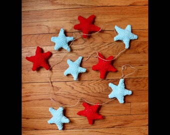 Pale Blue and Red Crocheted Star Garland, Twine, Starfish, Cotton, Stuffed, Coastal Decor, Holiday, Decoration