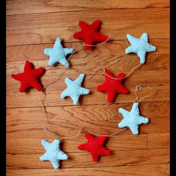 Pale Blue and Red Crocheted Star Garland, Twine, Starfish, Cotton, Stuffed, Coastal Decor, Holiday, Decoration