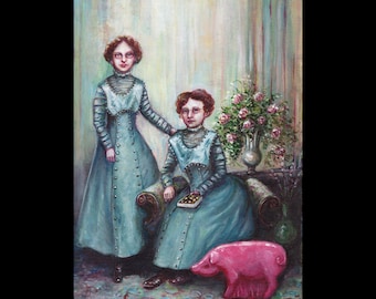 Marzipan and The Peppermint Pig, Women, Portrait, Red Hair, Pink Pig, Candy, Box of Candy, Two Women, Blue Dresses, Victorian Themed Art