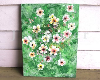 Susan Vine, Original Painting, Black Eyed Susan, Thunbergia, Flowers, Knife Painting, Texture, Impressionism, Floral, Green, Pink, Yellow