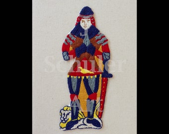 Hand Embroidered Blue Knight Artwork, Needlework, Textile Art, Fiber Art, Medieval Knight, Knight Effigy, Needlepainting