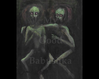 Two Ghouls, Original Painting, Green, Monsters, Zombies, Dark Art, Spooky, Macabre, Halloween, Creatures, Scary, Horror