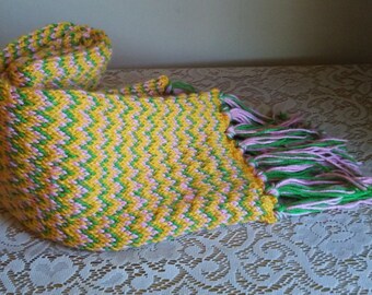 Hand Knit Scarf, Multicolored, Zig-Zag, Patterned, Fringed, Yellow, Gold, Green, Pink, Spring Colors, Warm, Cozy, Machine Wash