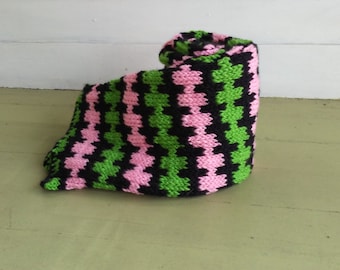 Multicolored Scarf, Pink, Green and Black, Striped Pattern, Hand Knit, Warm, Long, Winter, Autumn, Machine Wash and Dry