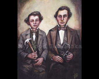 Hammer and Tongs, Original Painting, Surreal Portrait, Craftsmen, Tools, Blacksmith, Cabinet Card, Victorian Themed Art, Work, Two Men