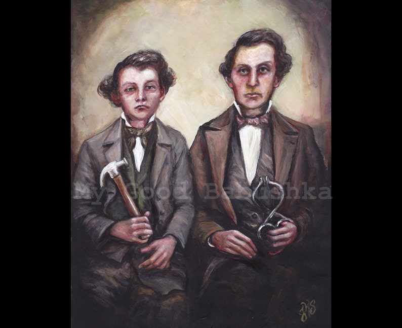 Hammer and Tongs, Original Painting, Surreal Portrait, Craftsmen, Tools, Blacksmith, Cabinet Card, Victorian Themed Art, Work, Two Men image 1