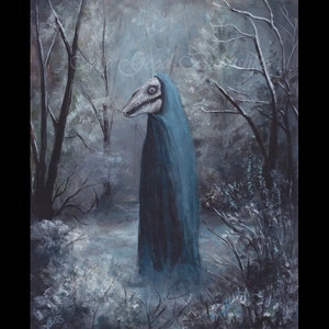 May include: A painting of a figure in a blue hooded robe standing in a foggy forest. The figure has a skeletal animal head with a long snout.