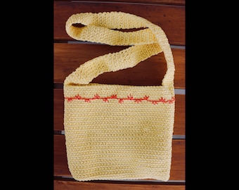 Yellow Cotton Tote Bag with Hand Embroidered Pink Embellishments, Crochet, Shoulder Bag, Small, Handmade, Handwoven, Purse