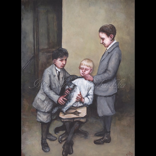 Three Blind Boys Discover A Loon, Original Painting, Taxidermy, Bird, Blind Children, Early 20th Century, Natural History Museum, Portrait