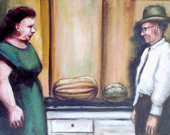 Regarding the Squash, Original Painting, Oil Painting, Gardening, Vegetables, Man and Woman, Green, Gold, Orange, Ocher