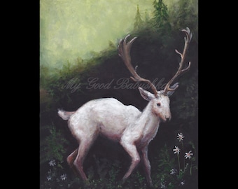 The White Hart, Art Print, Deer, White Deer, Forest, Daisies, Fairy Tale, Folk Tale, Storybook Art, Wildlife, Surreal, Woods, Wild Animal