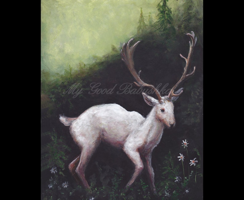 The White Hart, Art Print, Deer, White Deer, Forest, Daisies, Fairy Tale, Folk Tale, Storybook Art, Wildlife, Surreal, Woods, Wild Animal image 1