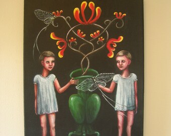 Mayfly Original Painting, Twins, Surreal Art, Folk Tale Art, Fairy Tale Art, Storybook Art, Art Deco, Insects, Green Vase, Black