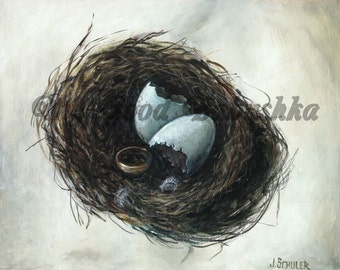 Bird Nest and the Gold Ring Print, Fairy Tale Art, Folk Tale Art, Storybook Art, Riddle, Eggs, Eggshells, Wedding Ring, Feather, Forest