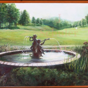 Fountain in Late Summer, Original Painting, 8" x 10", Pennsylvania, Landscape, Golf Course, Ellwood Ciy, Shakespeare's Restaurant