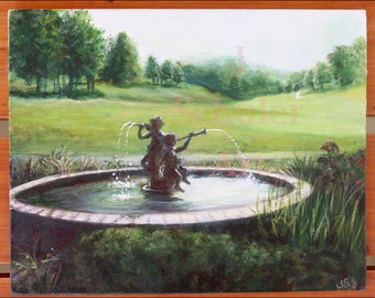 Fountain in Late Summer, Original Painting, 8" x 10", Pennsylvania, Landscape, Golf Course, Ellwood Ciy, Shakespeare's Restaurant