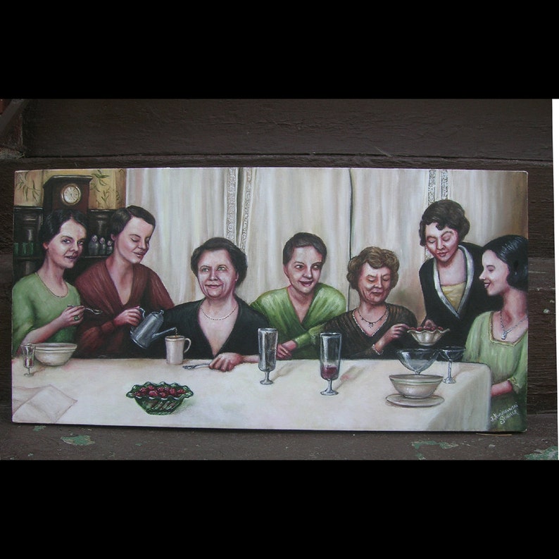 Ladies At Supper, Original Painting, 1930's, Women, Friendship, Dinner Party, Portrait of Women, Group Portrait, Nostalgia, Lace Curtains image 1
