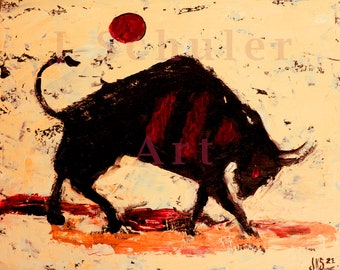 Toro, Charging Bull, Instant Printable Art, Animal, Abstract, Expressionist, Knife Painting, Digital Download, Red, Ocher, Yellow, Black