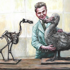 May include: A painting of a man in a green jacket holding a stuffed dodo bird. A dodo skeleton is on a table next to him.