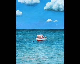 Red Boat, 9" x 12" original painting, acrylic on canvas board, Ocean, Seascape, Caribbean, Blue, Clouds, Sea, Aruba, Vacation, Summer Vibes