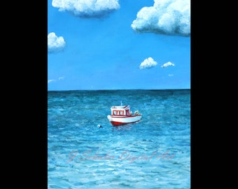 The Red Boat, Instant Print Art, Digital Download, Ocean, Seascape, Boat, Caribbean, Sea, Blue, Blue Sky, Summer Vibes, Sailing