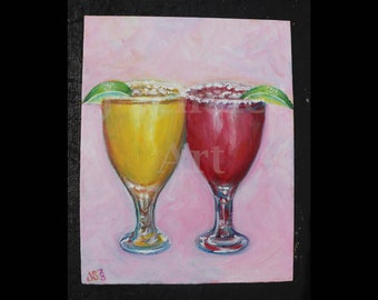 Two Tropical Drinks, Original Painting, Limes, Cocktails, Drinks, Glasses, Pink, Yellow, Red, Fun, Punch, Slingers, Party, Colorful