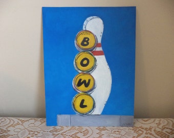 Bowl, Original Painting, Mid-Century Modern, Atomic Age, Road Sign, 1950s, 1960s, Nostalgia, Bowling, Bowling Pin, Blue Sky, Bowling Alley