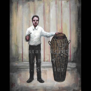 May include: An artistic painting depicts a man in a white shirt and black pants holding a small object, standing next to a woven basket-like structure secured with chains and a lock. The background features vertical lines and the text "Instant Art Print Seller".