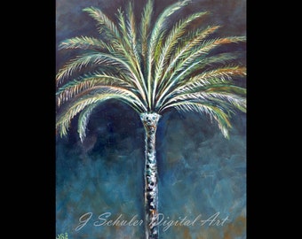 Palm Tree at Night, Instant Print Art, Digital Download, Tropical, Night, Tree, Island, Summer, Green, Blue, Orange, Vacation, Caribbean