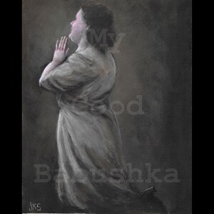 May include: A painting of a person in a white dress with their hands clasped in prayer. The background is a dark gray.
