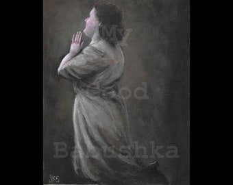 Woman in Prayer, Original Painting, Devotion, Portrait, Religion, Meditation, Figure Study, Kneeling, Woman, Gray, Black, White, Pink