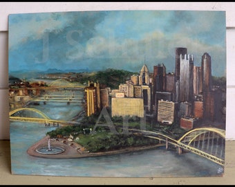 Pittsburgh Landscape Painting, Point State Park, Pennsylvania, 9" x 12" Original painting, Ohio River, Allegheny River, Bridges