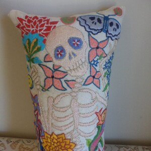 Skeleton Embroidery, Memento Mori, Day of the Dead, Jacobean Embroidered Pillow, Hand Embroidered Art. Macabre Art, Flowers and Insects image 4