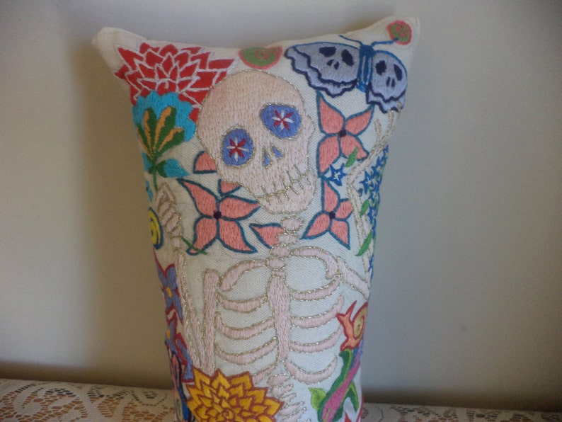 Skeleton Embroidery, Memento Mori, Day of the Dead, Jacobean Embroidered Pillow, Hand Embroidered Art. Macabre Art, Flowers and Insects image 4