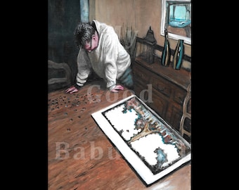 Building a Puzzle, Original Painting, Jigsaw Puzzle, Eiffel Tower, Hobby, Man, Portrait, Pastime, Searching, Puzzle Pieces, Dining Room