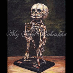 May include: A painting of a skeletal human fetus with a skull, standing on a black scale. The background is a dark green.