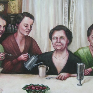 Ladies At Supper, Original Painting, 1930's, Women, Friendship, Dinner Party, Portrait of Women, Group Portrait, Nostalgia, Lace Curtains image 4