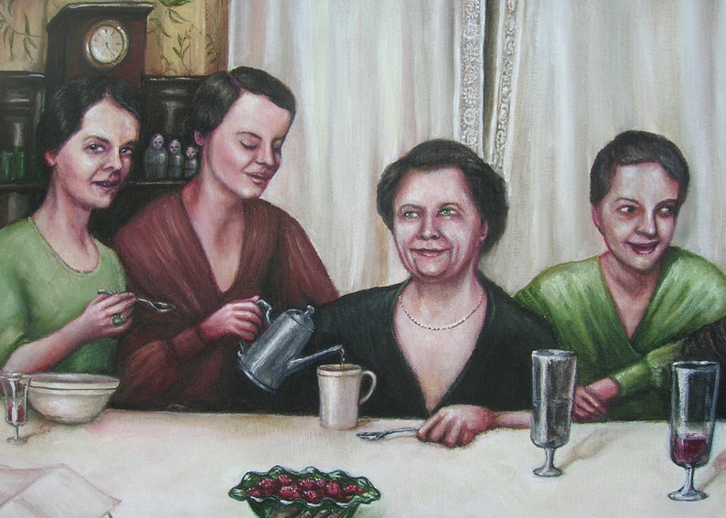 Ladies At Supper, Original Painting, 1930's, Women, Friendship, Dinner Party, Portrait of Women, Group Portrait, Nostalgia, Lace Curtains image 4