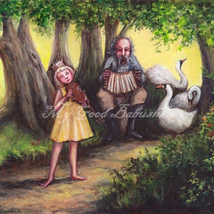 Afternoon Music at The Swannery, Original Painting, Golden Forest, Fairy Tale Art, Swans, Violins, Accordion, Bohemian Musicians, Duet,