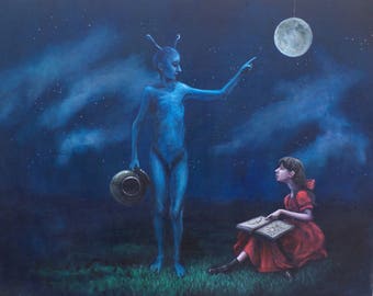 The Boy From a Paper Moon, Original Large Painting, Fairy Tale, Alien, UFO, Night Sky, Outer Space, Storybook, Visitation, Stars, Strange