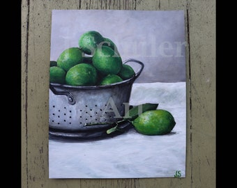 Still Life with Limes, Original Painting, Fruit, Green, Food, 8" x 10", Kitchen, White, Gray, Colander, Decorative Art