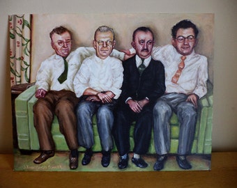 The Four Gentlemen on the Davenport Original Painting, On the Sofa, 1950s 1960s Nostalgia, Mad Men, Retro, Group Portrait, Friends