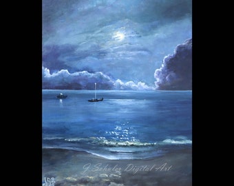 The Aruba Shore at Night, Instant Print Art, Digital Download, Night, Boats, Moon, Caribbean, Beach, Clouds, Blue, Tranquil